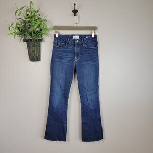 Frame Le Crop Mini Boot Ankle Flare High Rise Dark Wash Frayed Cutoff Jeans 28